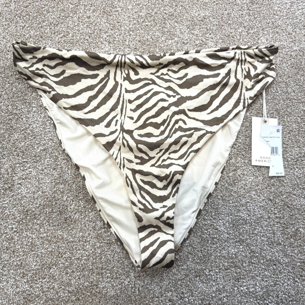 Good American Zebra Print High Leg Bikini Bottoms Ivory Brown 6 NEW Swim Safari